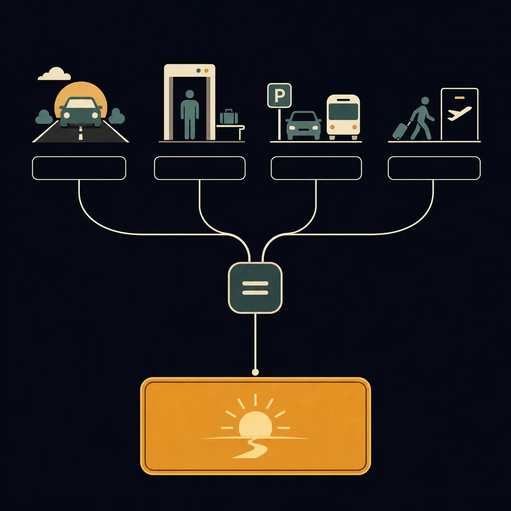 The four inputs that add up to a Leave-By Time: drive, parking, security wait, and walk to gate.